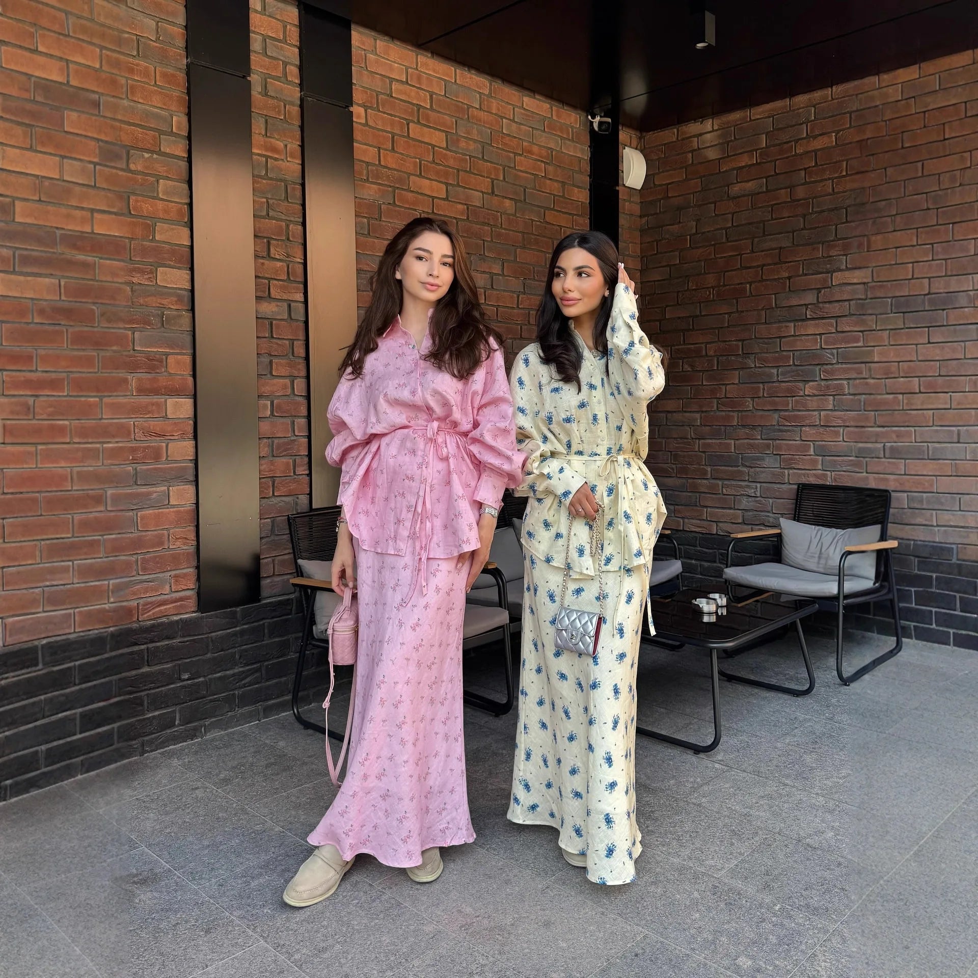 Women Two Piece Sets Skirt Set Floral Print Lantern Sleeve Turn Down Collar Shirt Long Skirts A Line Lace Up Y2k Elegant Work