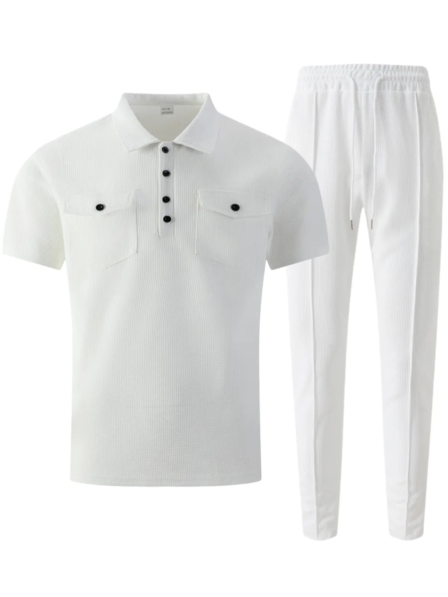 Summer New Men's Waffle Casual Tracksuit, Lapel Collar Double Pocket Solid Polo Shirt and Long Pants Set