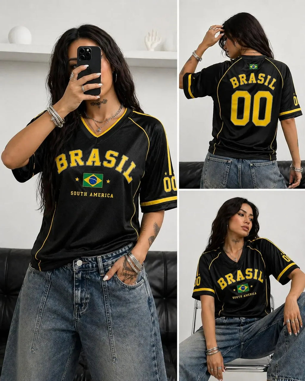 Casual V-neck Women's T-shirts Brazil National Emblem Print Short Sleeve Tees Brasil Fan Football Sports Jersey Female Clothing