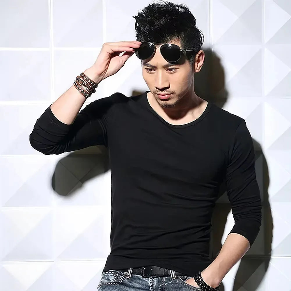 Men's Long Sleeve V Neck T Shirt 2026 MRMT Men T-shirt Slim Solid Tight Man T Shirt Tops Tees Clothing