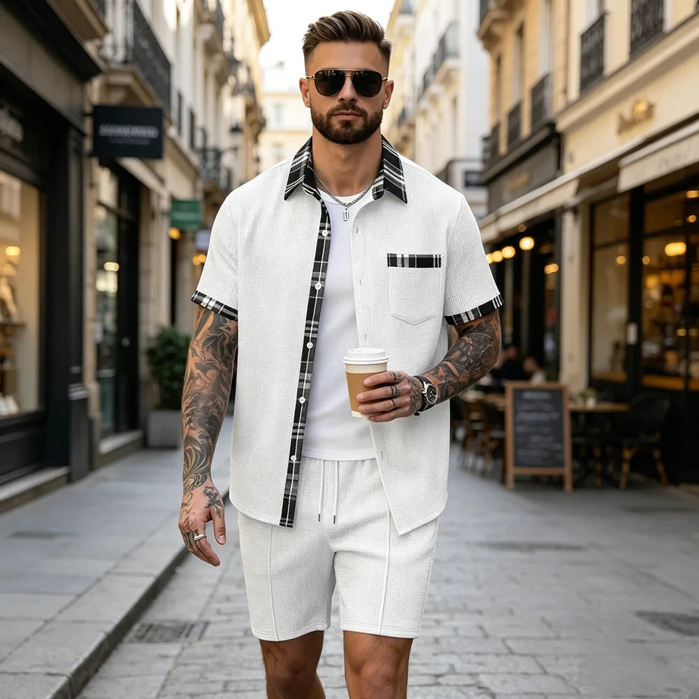 Summer New Waffle Set, Men's Plaid Spliced Short-Sleeve Shirt & Shorts, Casual Two-Piece Outfit F156D