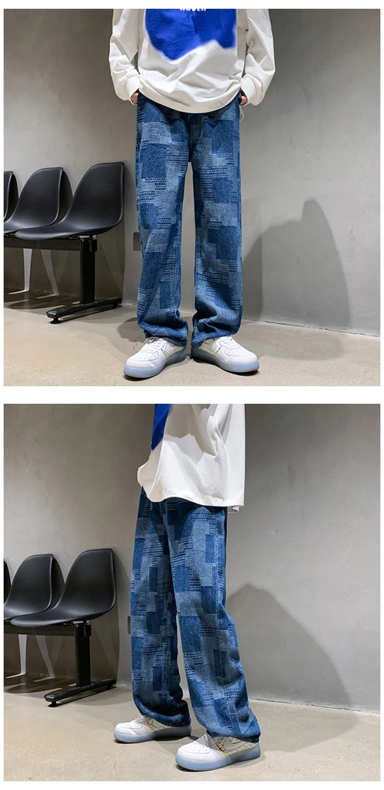 Blue Black Plaid Jeans Men Retro Casual Wide-leg Jeans Mens Streetwear Loose Hip-hop Straight Denim Trousers Men Vintage Jeans