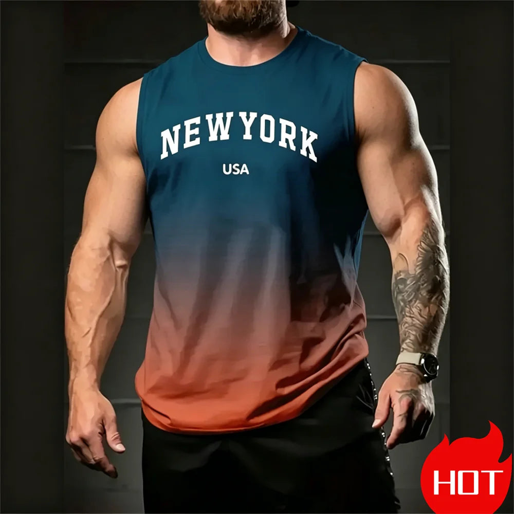 Gradient Men's sleeveless T-shirt New York  Print tank tops Tee Fashion Casual Men vest Pullover Simple Oversize T-Shirt For Men