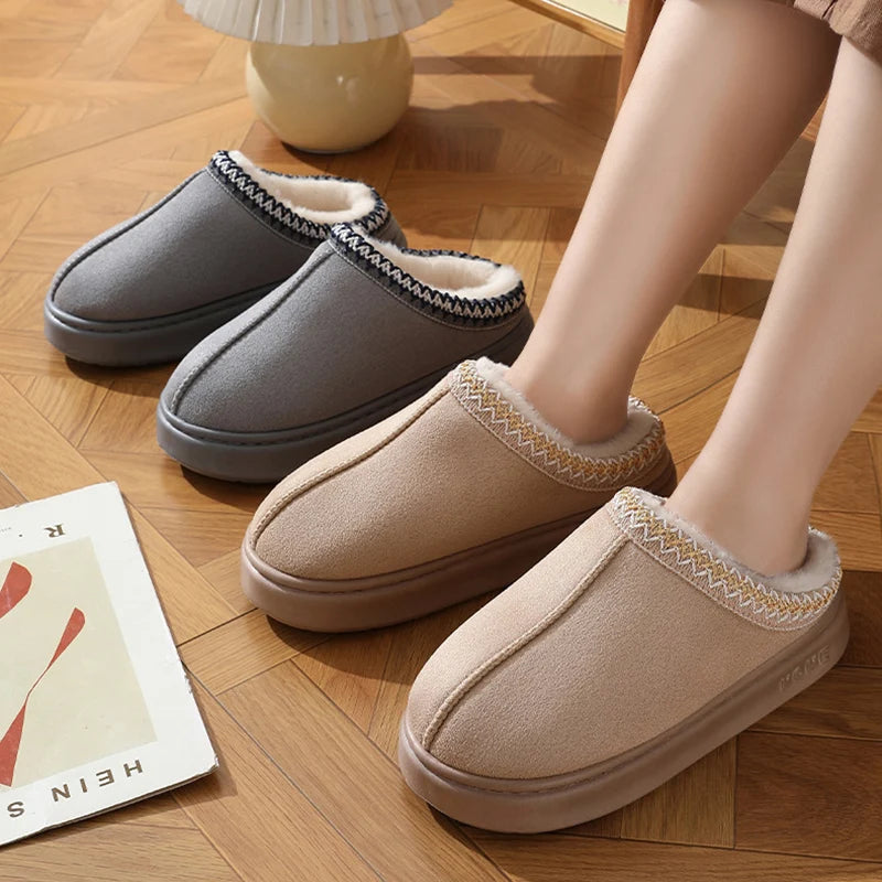 Comfort Thick Bottom Cotton Slippers Women 2025 Winter Warm Thick Plush Non Slip Furry Clogs Shoes Embroidery Suede Snow Boots