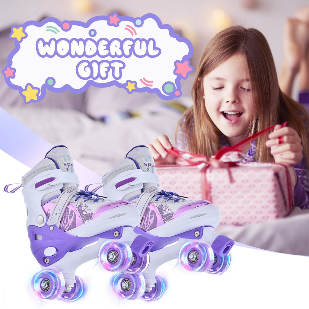 Boys Girls Kids Skates Children Roller Skates Skating Shoes PU Flashing 4 Wheels Roller Skates Sliding Adjustable Quad Sneakers