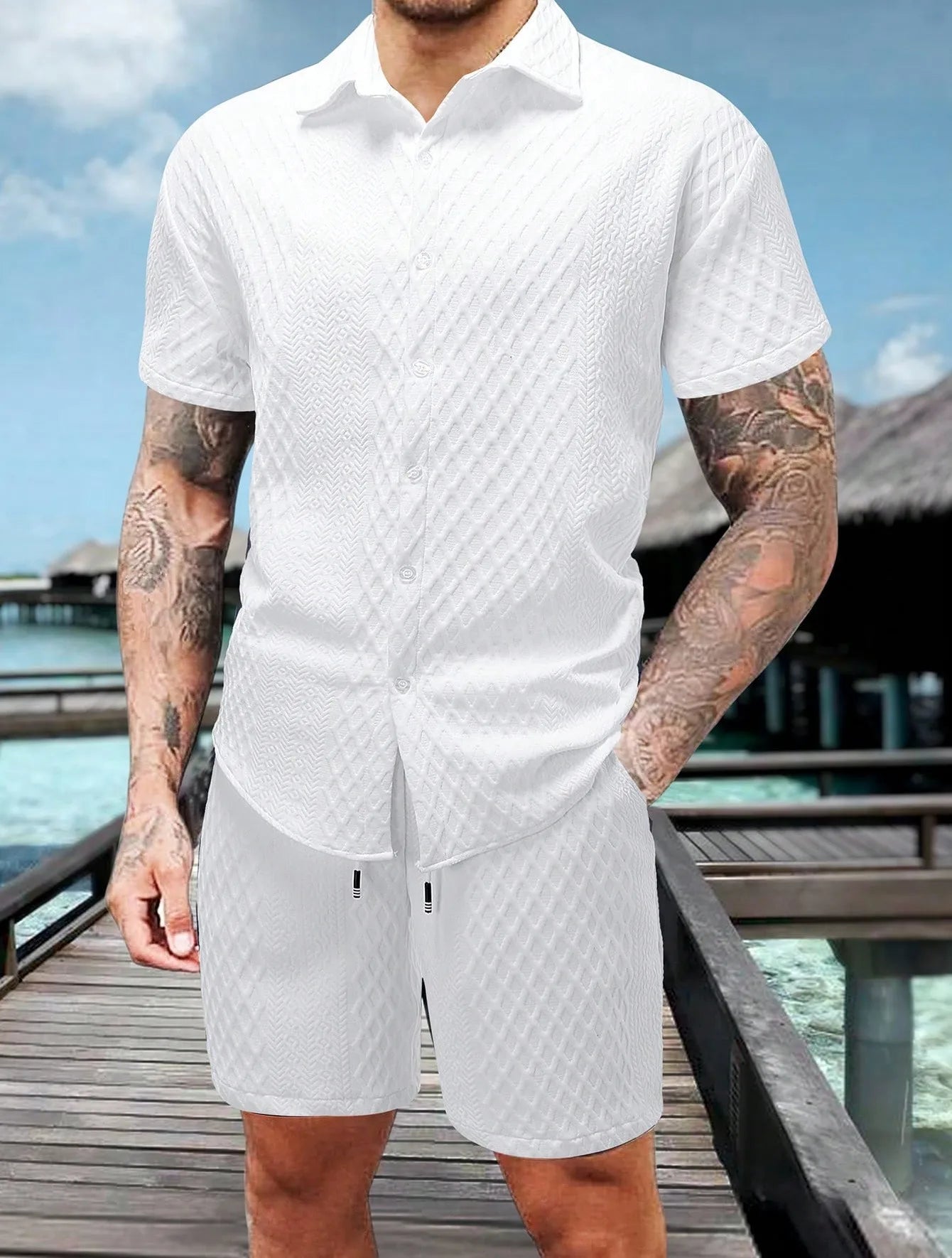 Men's Textured Short Sleeve Shirt & Shorts Set | Casual Two-Piece Outfit | Lightweight Summer Streetwear