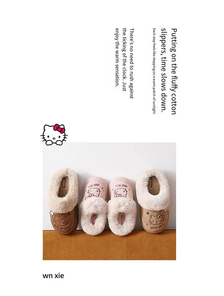 Cartoon Sanrio Hello Kitty Thick Sole Plush Cotton Slippers Anime Women's Winter Warm New Anti-Slip Wear-Resistant Home Shoes