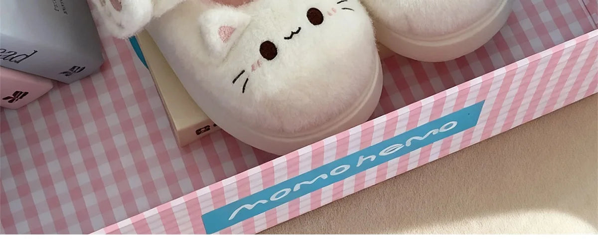 New fuzzy house slippers woman sweet furry cat designer mary janes shoes for women thick sole home slipper floor shoes bedroom