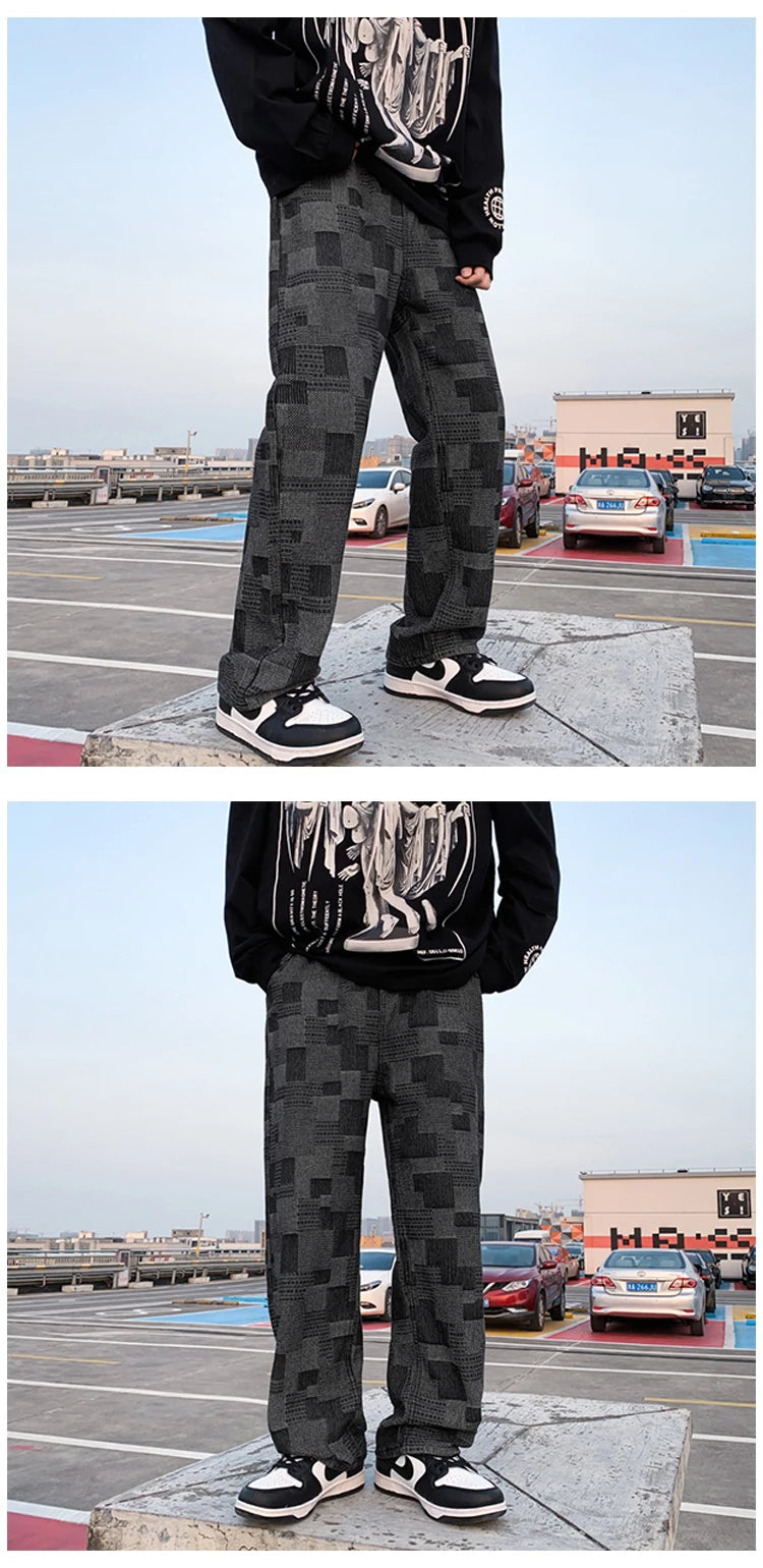 Blue Black Plaid Jeans Men Retro Casual Wide-leg Jeans Mens Streetwear Loose Hip-hop Straight Denim Trousers Men Vintage Jeans