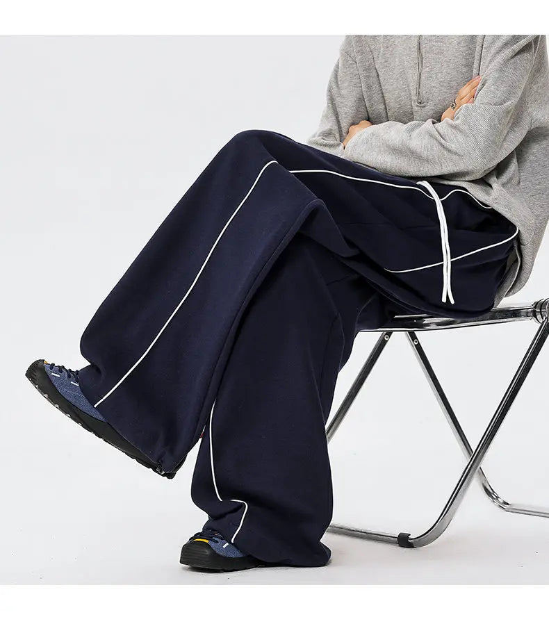 Men's Minimalist Oversized Wide Leg Sweatpants Contrast Stripe Drawstring Waist Streetwear Pants
