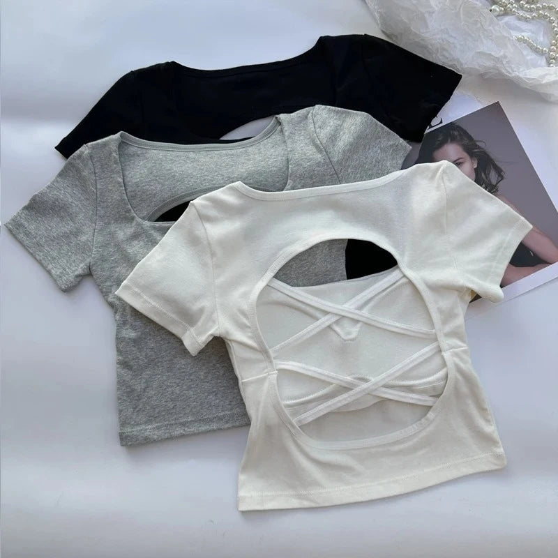 T-shirt Woman Clothing Square Neckline Tops Short Sleeve Crop Top with Bras for Women Girls Sexy Street Wear Backless Top Tees
