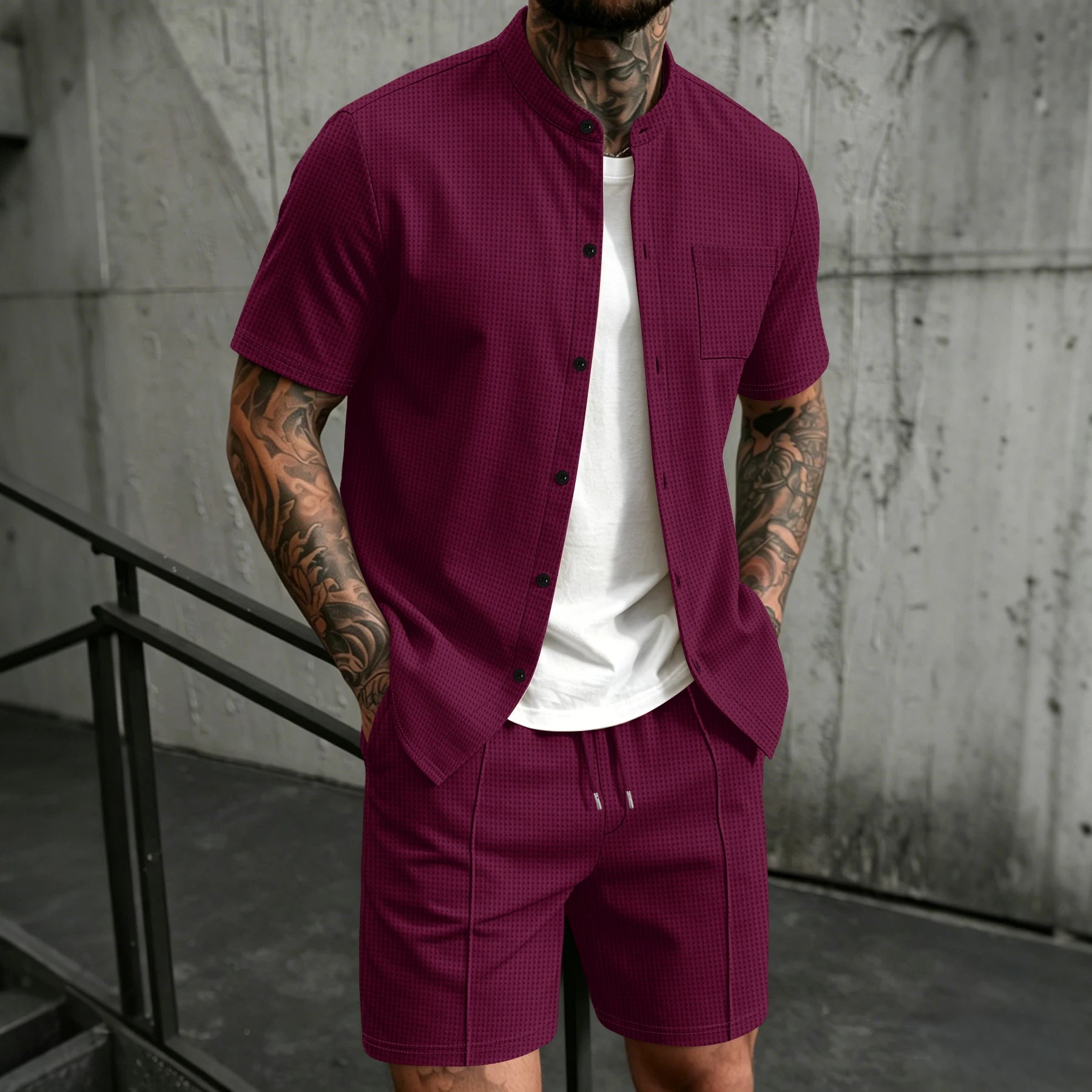 Men's 2 Piece Outfit, Stand Collar Short Sleeve Shirt with Chest Pocket and Drawstring Shorts, Casual Co Ord Set