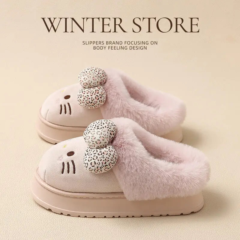 Cartoon Sanrio Hello Kitty Thick Sole Plush Cotton Slippers Anime Women's Winter Warm New Anti-Slip Wear-Resistant Home Shoes