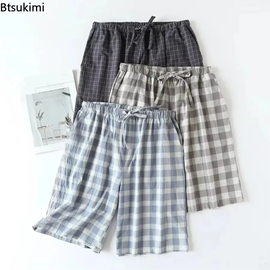 New 2026 Men's Sleepwear Pajama Shorts Plaid Design 100% Cotton Casual Loose Double-layer Homewear Sleep Bottoms Male Home Pants