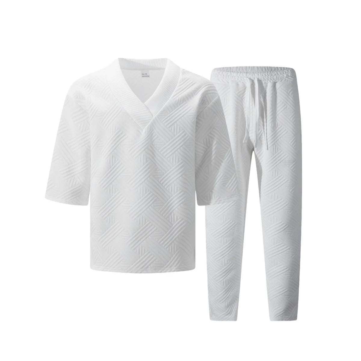 2026 Men's Spring Autumn Geometric Textured 2 Piece Set V-Neck Short Sleeve Top & Drawstring Pants Tracksuit