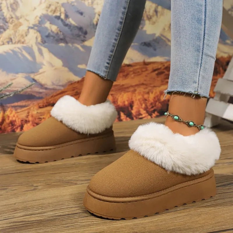 Anti-slip Shoe Thick Plush Snow Boots 2025 New Women Faux Suede Platform Fur Winter Boots Woman Slip On Warm Cotton Padded Shoes
