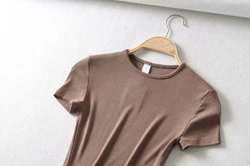 Summer Woman Slim Fit t-shirt tight Cotton Short-Sleeve O-neck tee Crop Tops