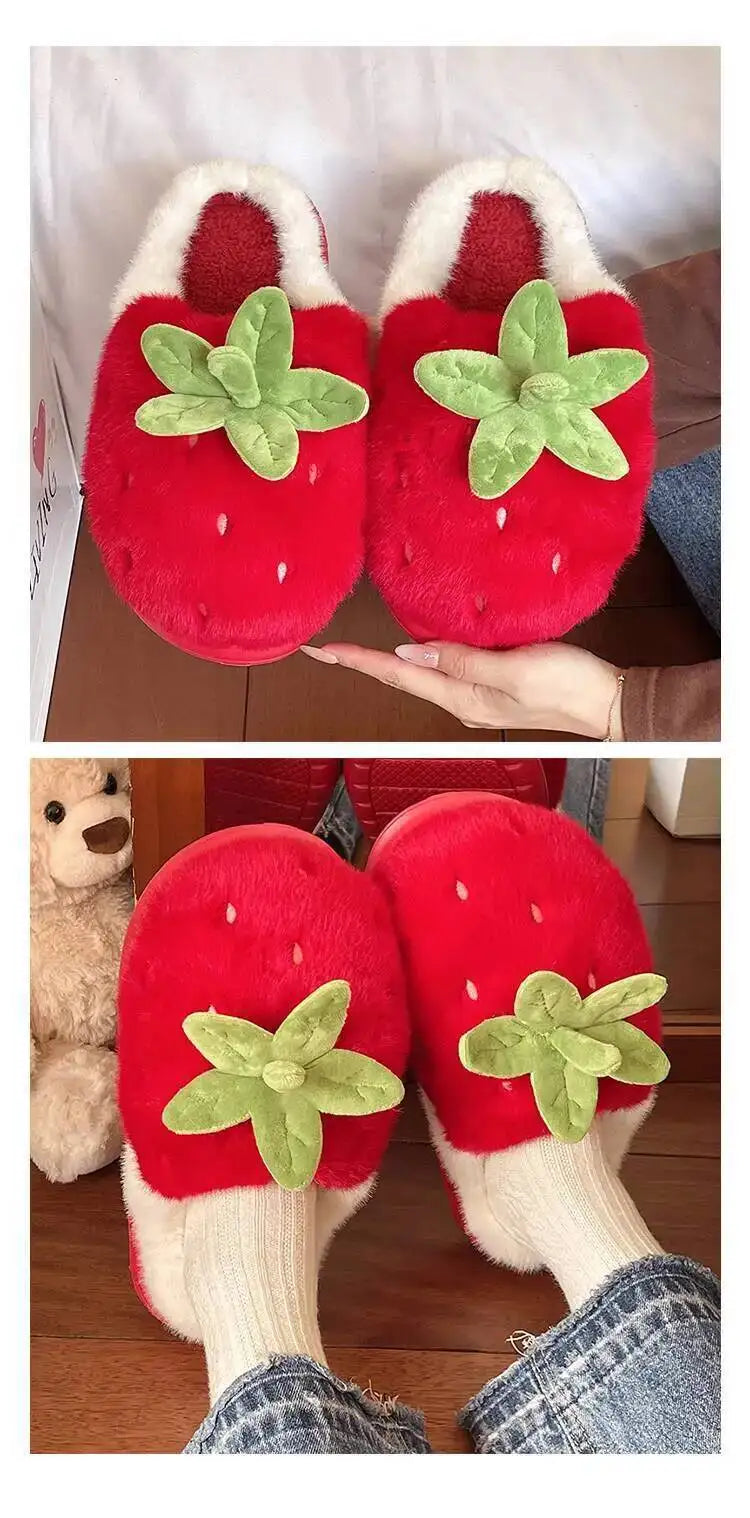 Winter Women's Furry Cotton Home Slippers Cute Strawberry Design Warm Thick Soled Anti Slip Indoor Household Outdoor Wearable