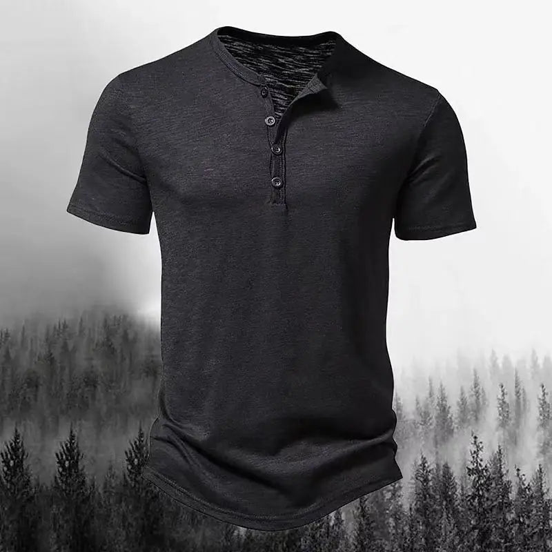 Summer men's Henry collar casual solid-color short-sleeved T-shirt, casual and breathable button-down high-quality men's T-shirt