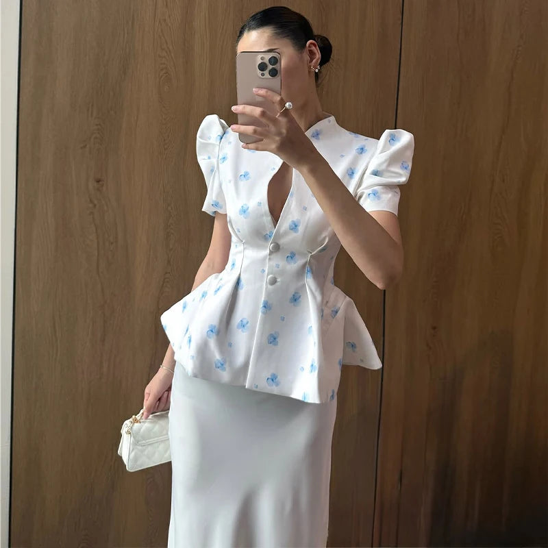 Waist Cinching Floral Suit Jacket Lady V-Neck Short Bubble Sleeve Shoulder Pad Jackets Fashion Daily 2026 Summer New Woman Coat