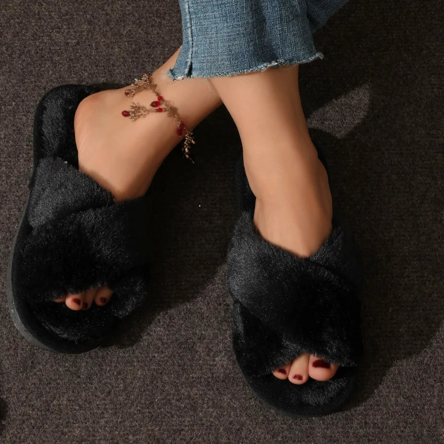 Women’s Cross Band Fur Slippers Indoor Furry Fuzzy Open Toe Shoes Home Cozy Warm Slides Double Straps Slipper Soft Sole Non Slip