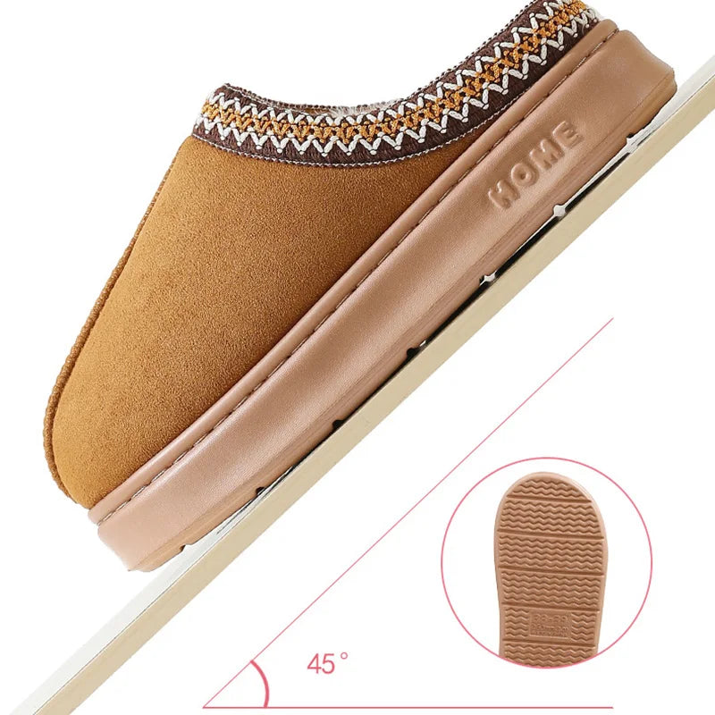 Comfort Thick Bottom Cotton Slippers Women 2025 Winter Warm Thick Plush Non Slip Furry Clogs Shoes Embroidery Suede Snow Boots