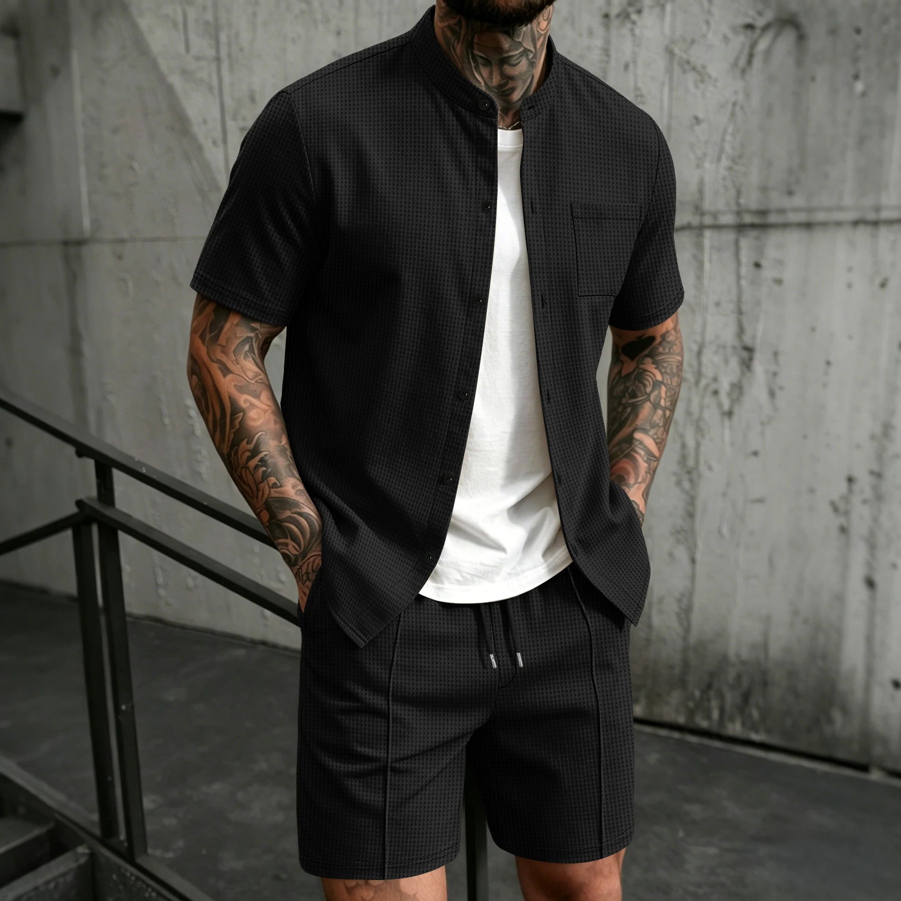 Men's 2 Piece Outfit, Stand Collar Short Sleeve Shirt with Chest Pocket and Drawstring Shorts, Casual Co Ord Set