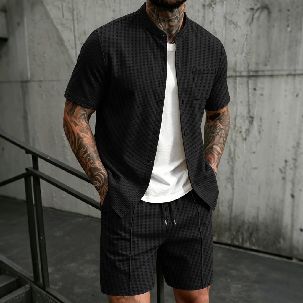 Men's 2 Piece Outfit, Stand Collar Short Sleeve Shirt with Chest Pocket and Drawstring Shorts, Casual Co Ord Set