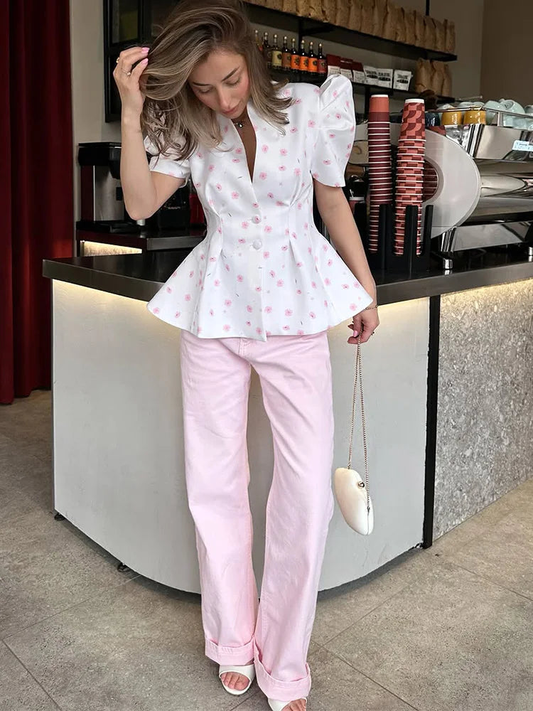 Waist Cinching Floral Suit Jacket Lady V-Neck Short Bubble Sleeve Shoulder Pad Jackets Fashion Daily 2026 Summer New Woman Coat