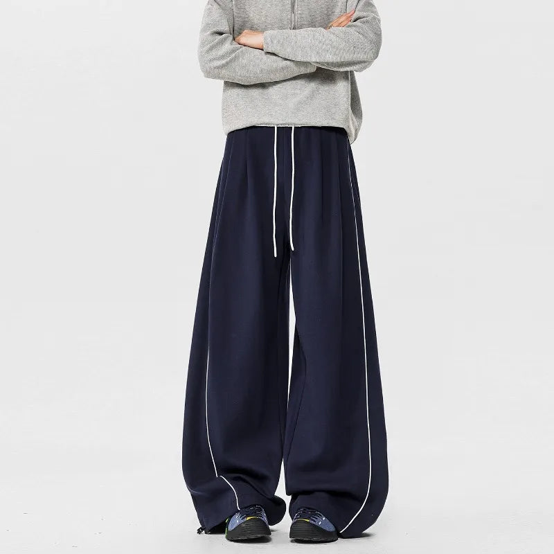 Men's Minimalist Oversized Wide Leg Sweatpants Contrast Stripe Drawstring Waist Streetwear Pants