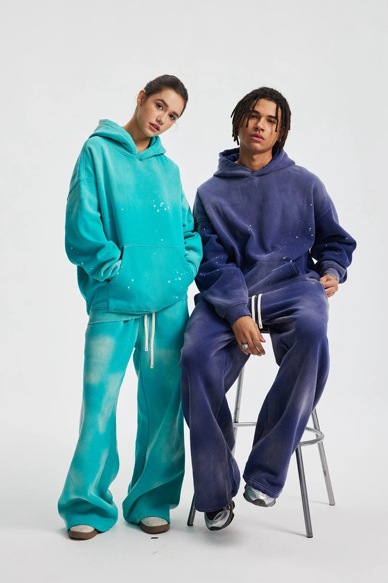 2025 Winter New Fleece Sweatpants Men Splashing Ink Spray Dyeing Wash Distressed Wide Joggers Grinding Edges Baggy Plush Pants