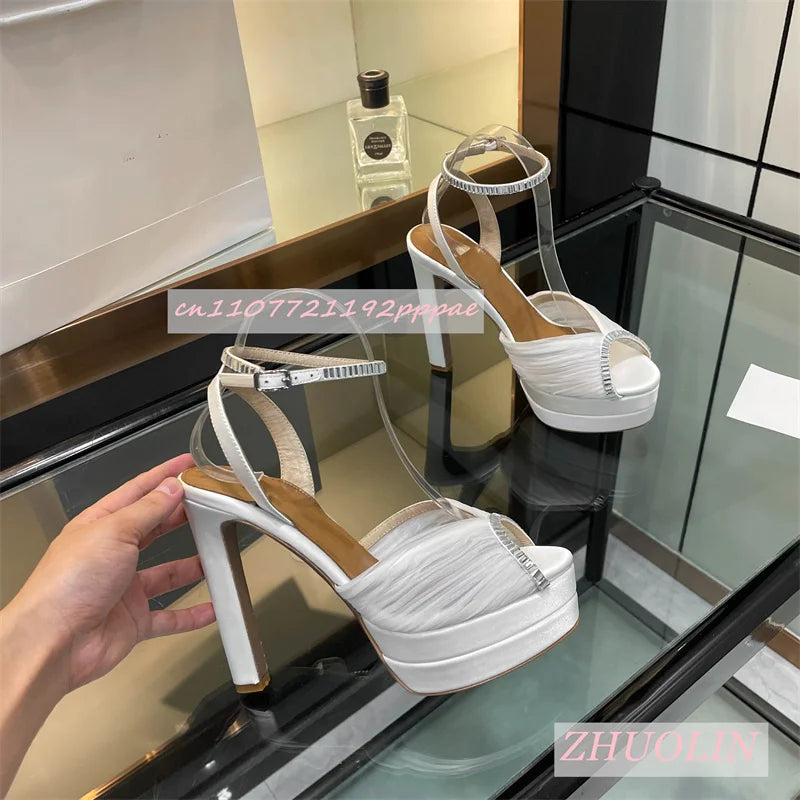 Women'S Satin Rhinestone Double-Layer Platform Shoes Open Toe Chunky Heel Buckle Strap High Heels Elegant Luxury Wedding Shoes