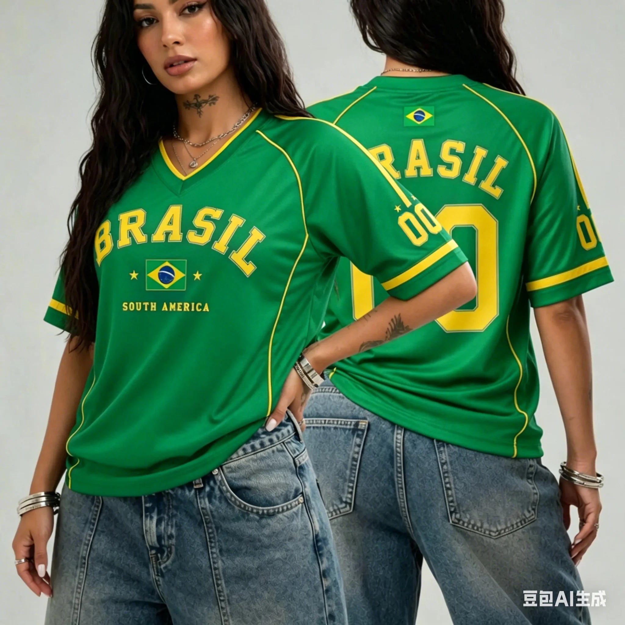 Casual V-neck Women's T-shirts Brazil National Emblem Print Short Sleeve Tees Brasil Fan Football Sports Jersey Female Clothing