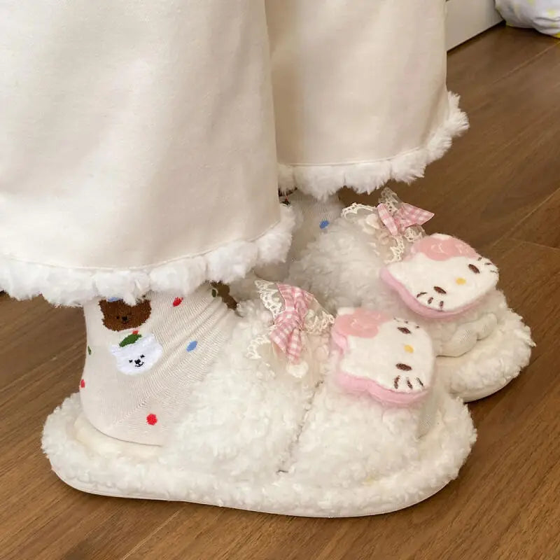 Sanrio Hello Kitty Adult Cotton Slippers Y2K Kawaii Cartoon Winter Indoor Open Toe Anti-Slip Slipper Comfortable Warm Shoes New