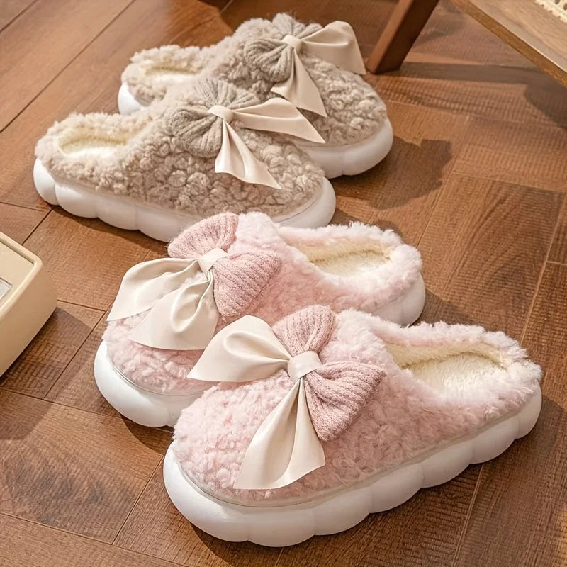 Women'S Bow Designed Fleece-Lined Slippers Soft Sole, Quiet Wear, All-Season Comfort, Ideal for Home Use, Perfect Christmas Gift