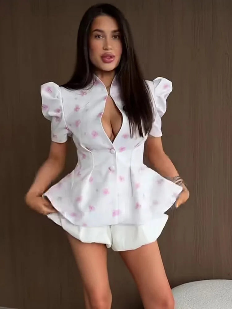 Waist Cinching Floral Suit Jacket Lady V-Neck Short Bubble Sleeve Shoulder Pad Jackets Fashion Daily 2026 Summer New Woman Coat