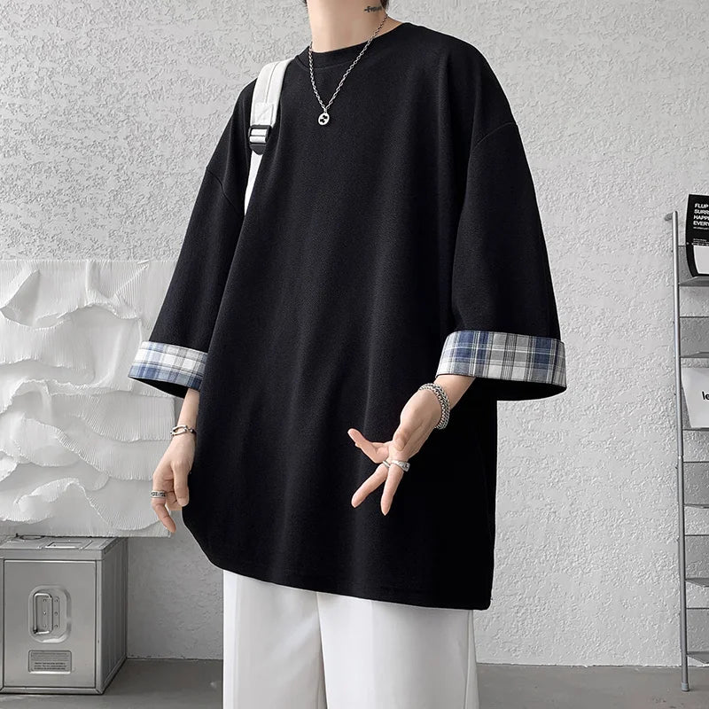 men t shirts Summer Men's T-shirts Women Oversized 2XL Korean Style Loose Plaid T-shirt Casual Seven sleeves T-Shirt Male White