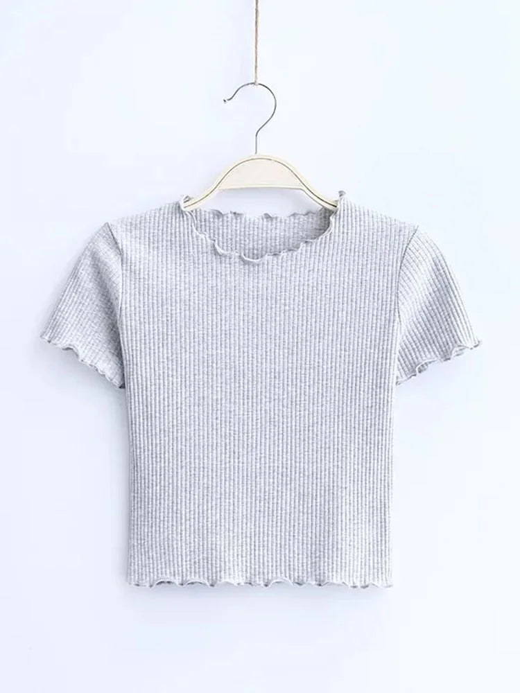 Vintage Wood ears O neck Short sleeve T-shirt 2025 New Woman Slim Fit t shirt tight tee Summer Retro Tops 6 colors