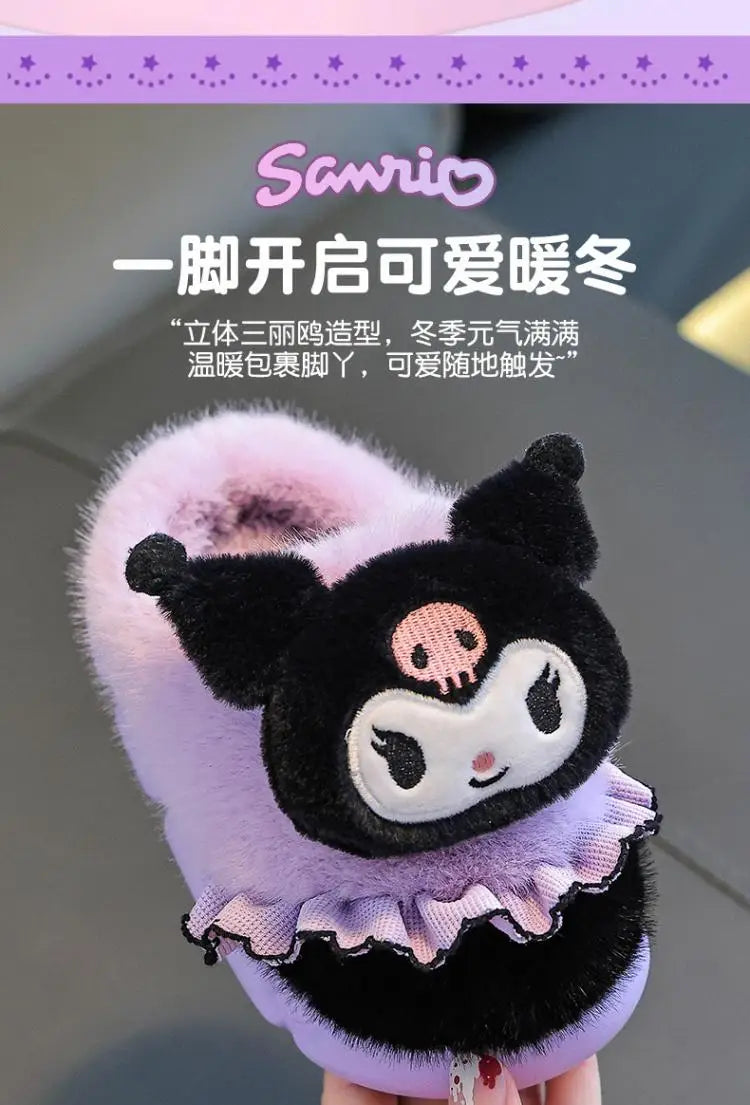 Sanrio Kawaii Girls Plush Slippers Cute Kuromi Hello Kitty My Melody Cartoon Student Winter Home Indoor Anti-Slip Warm Shoes
