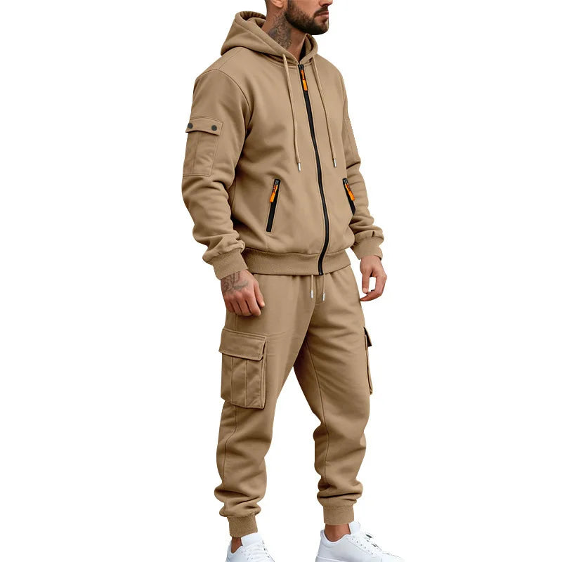 Men's Full Zip Hooded Tracksuit 2 Piece Set Casual Cargo Pocket Jogger Suit Outdoor Sports Hoodie And Pants Set