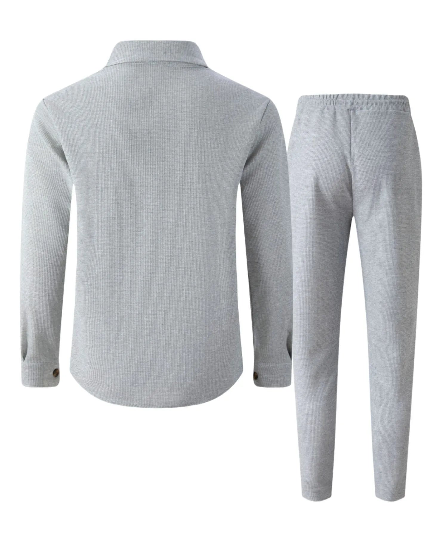 New autumn style waffle long-sleeved solid-color double-pocket buttoned cardigan shirt and pants set