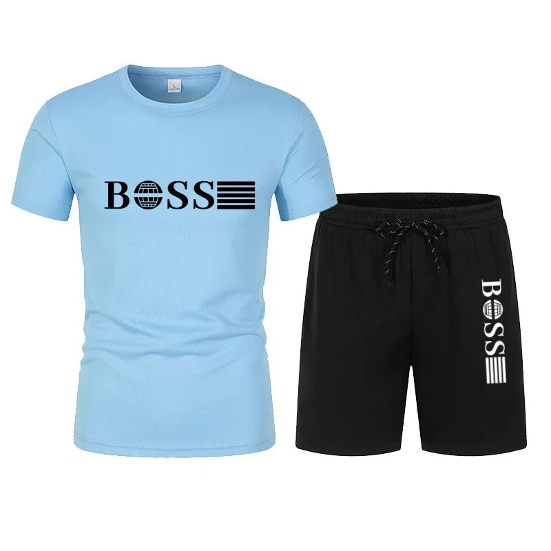 Spring and Summer New Two-piece Men's Running T-shirt and Short Casual Elastic Round Neck Sports Suit Comfortable Quick Drying