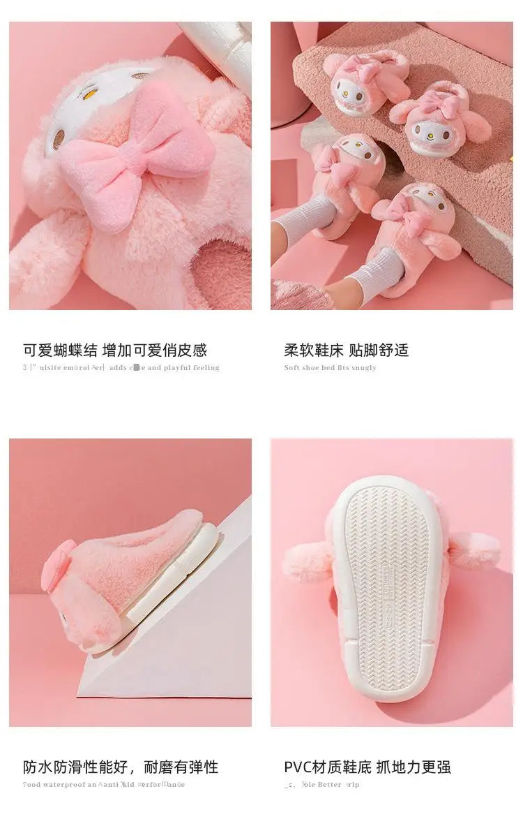 Sanrio Plush Slippers Women My Melody Kawaii Anime Cinnamoroll Cotton Shoes Flat Autumn Winter Keep Warm Non-Slip Cute Girl Gift