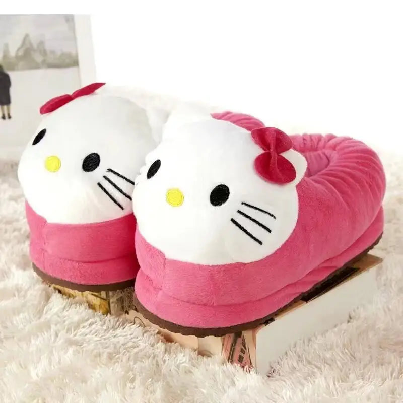 Y2K Hello Kitty Women Plush Cotton Shoes Big Head Slippers Sanrio Kawaii Anime Flat Shoes Winter Warm Thickened Cute Student