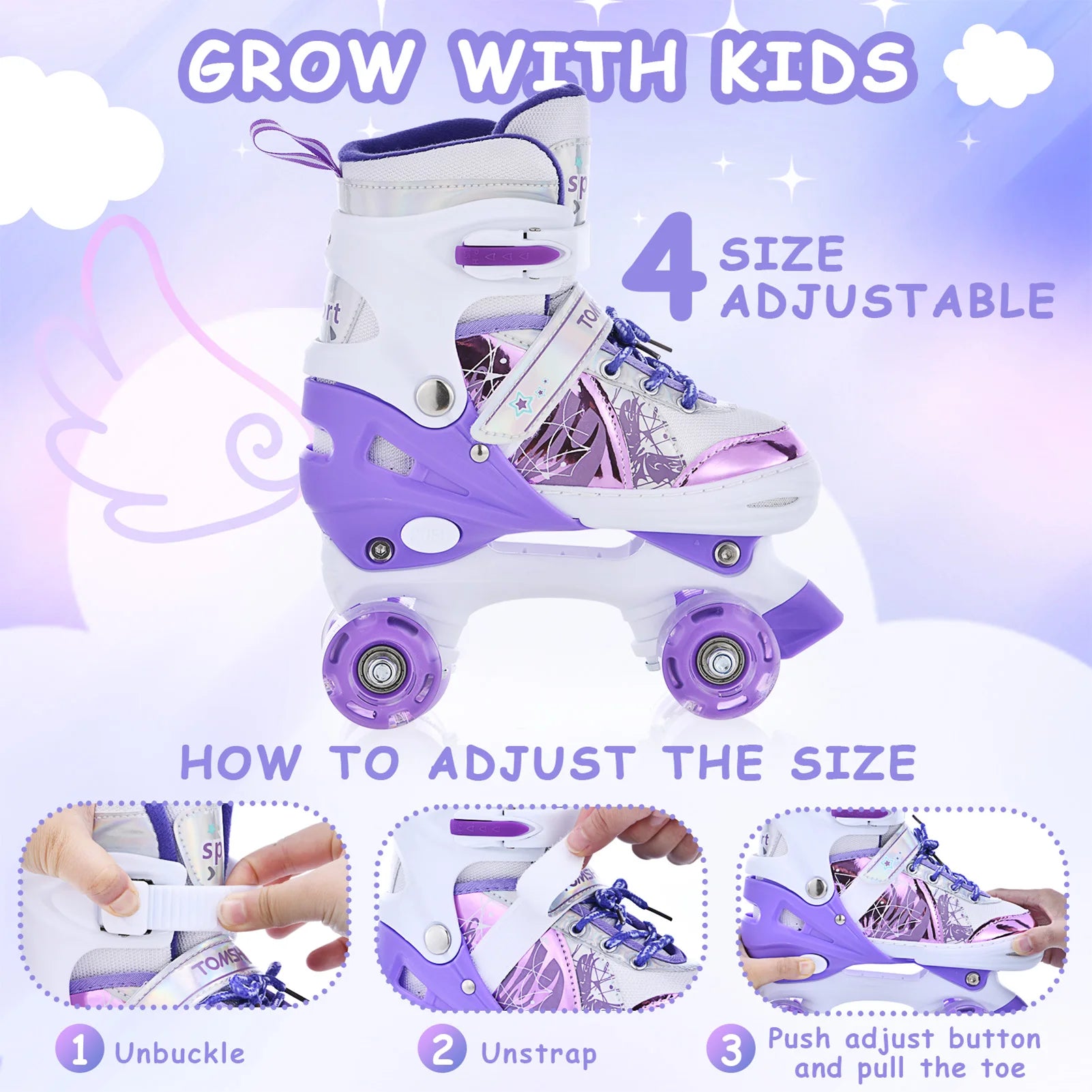 Boys Girls Kids Skates Children Roller Skates Skating Shoes PU Flashing 4 Wheels Roller Skates Sliding Adjustable Quad Sneakers