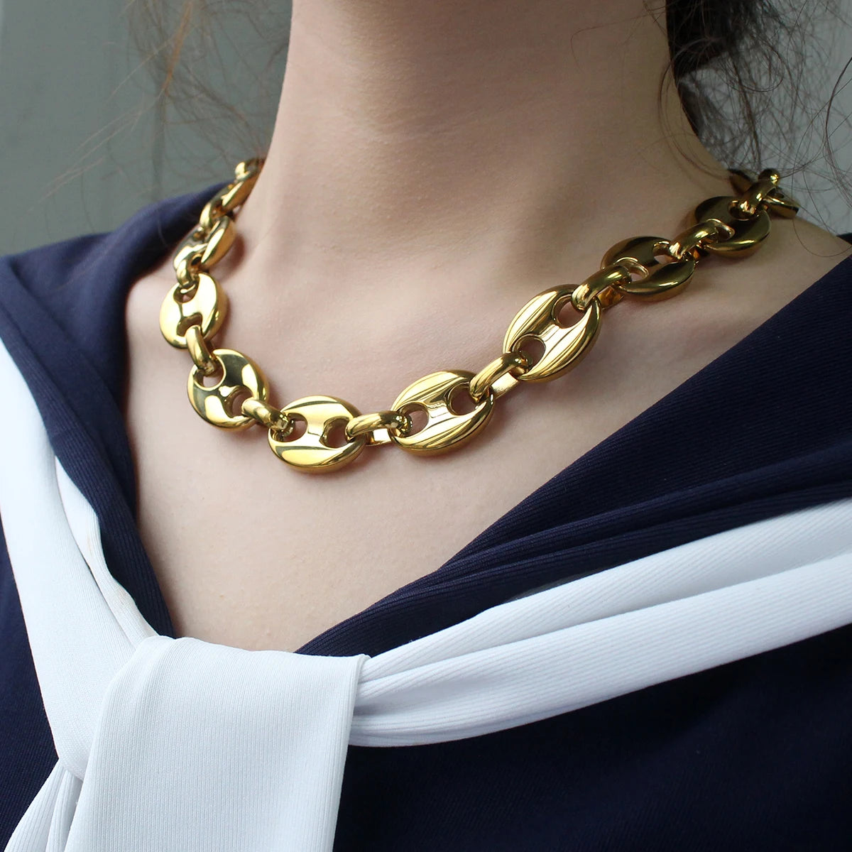 Fashion PVD 18K Gold Plating Chain Necklaces for Men Women New Stainless Steel Coffee Bean Link Necklace Punk Jewelry