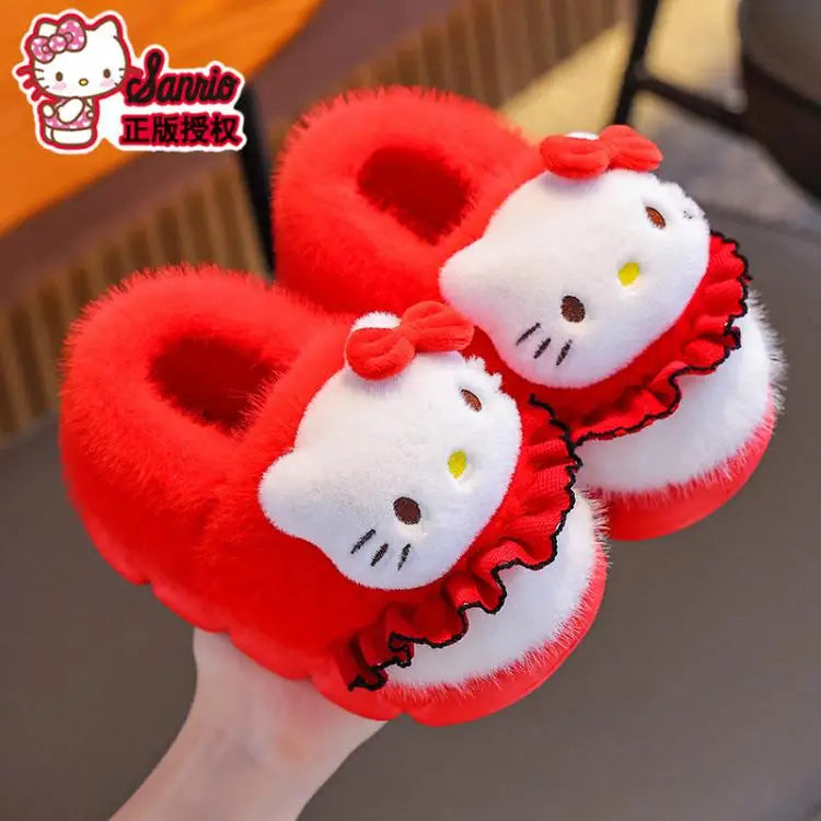 Sanrio Kawaii Girls Plush Slippers Cute Kuromi Hello Kitty My Melody Cartoon Student Winter Home Indoor Anti-Slip Warm Shoes