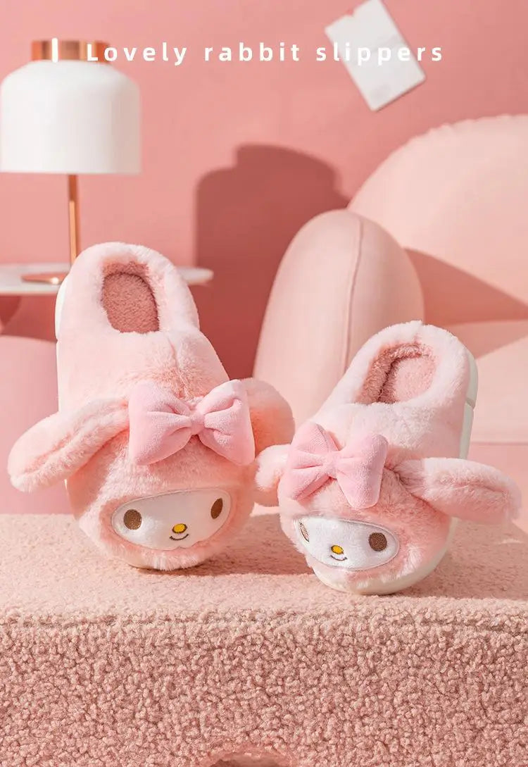 Sanrio Plush Slippers Women My Melody Kawaii Anime Cinnamoroll Cotton Shoes Flat Autumn Winter Keep Warm Non-Slip Cute Girl Gift