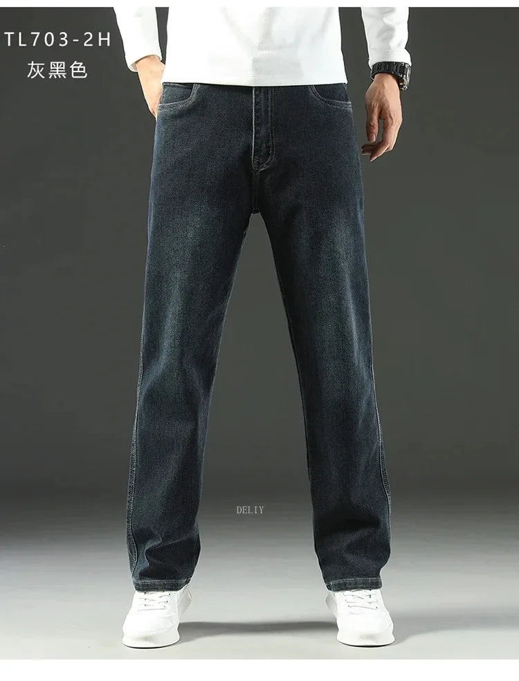 Autumn Winter  Brand New High Waist Jeans Classic Business Casual Office Men's Fashion Stretch Slim Denim Jeans Navy Blue