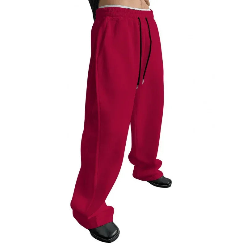 Men's Solid Color Sanitary Winter Pants 2025 Drawstring Waist Straight Wide Leg Loose Fit with Pockets Versatile Sports Trousers